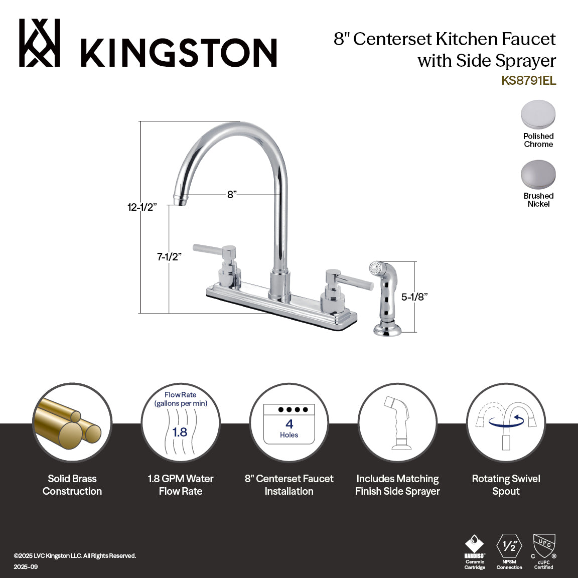 Kingston Tulare KS8798EL - Elinvar Two-Handle 4-Hole 8" Centerset Kitchen Faucet with Side Sprayer, Brushed Nickel — thumbnail 2